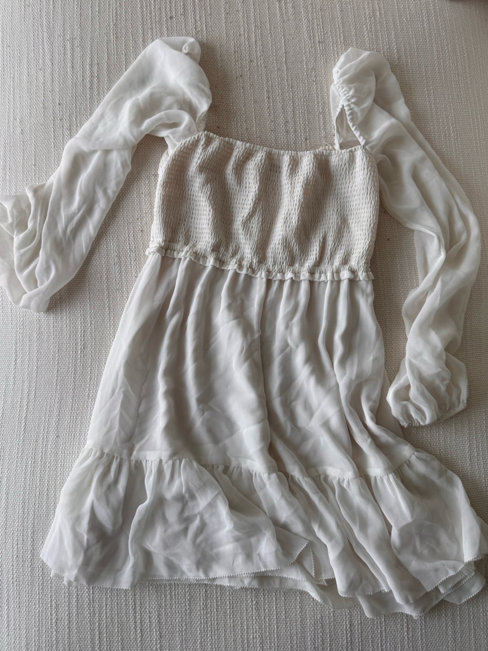 Aritzia Wilfred White Sheer Off-Shoulder Blouse with Smocked Waist (XS)